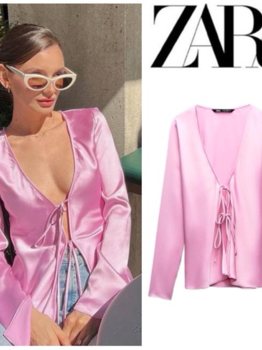 ZARA Light Pink Satin Tie-Front Top